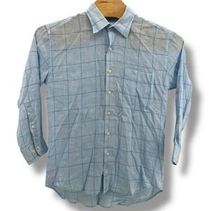 Peter Millar Crown Cool Linen Shirt Mens Large Blue Windowpane Check Button Down